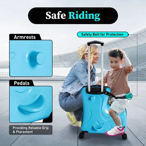 Blue Luggage Case Kids Ride-On Roll Suitcase Luggage Bags Wheeled Trolley Lugg