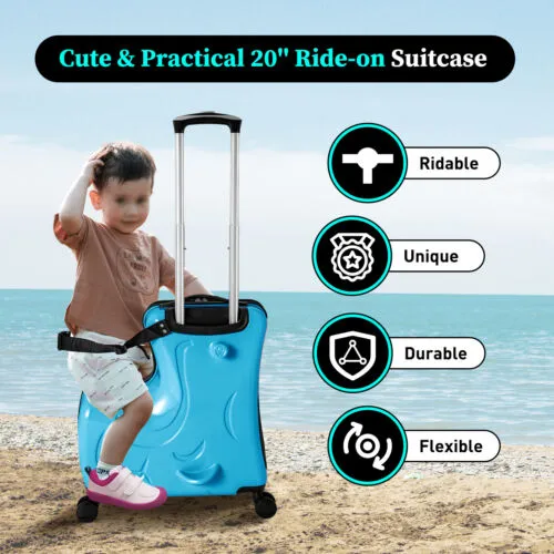 Blue Luggage Case Kids Ride-On Roll Suitcase Luggage Bags Wheeled Trolley Lugg