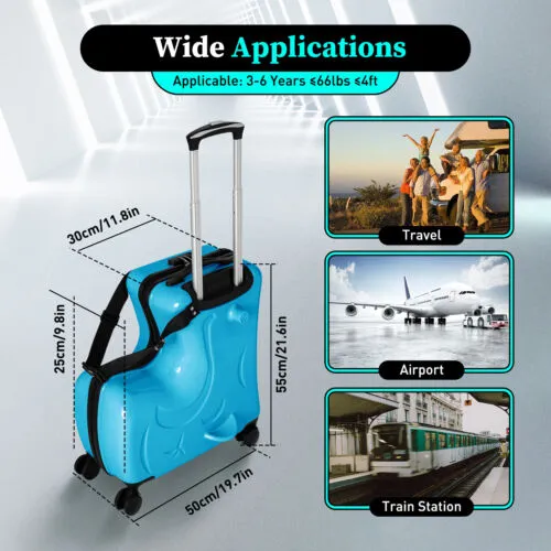 Blue Luggage Case Kids Ride-On Roll Suitcase Luggage Bags Wheeled Trolley Lugg