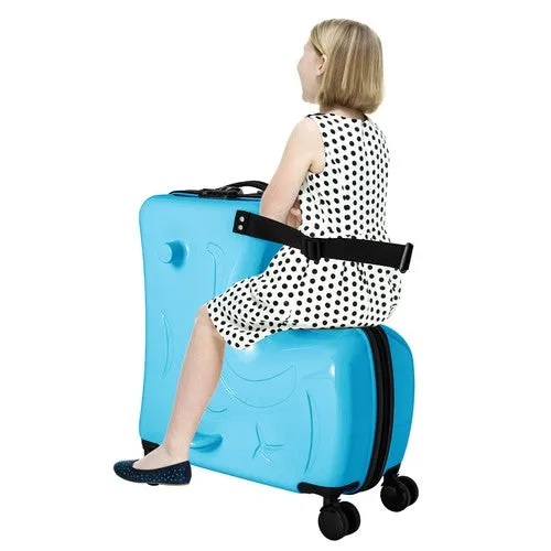 Blue Luggage Case Kids Ride-On Roll Suitcase Luggage Bags Wheeled Trolley Lugg