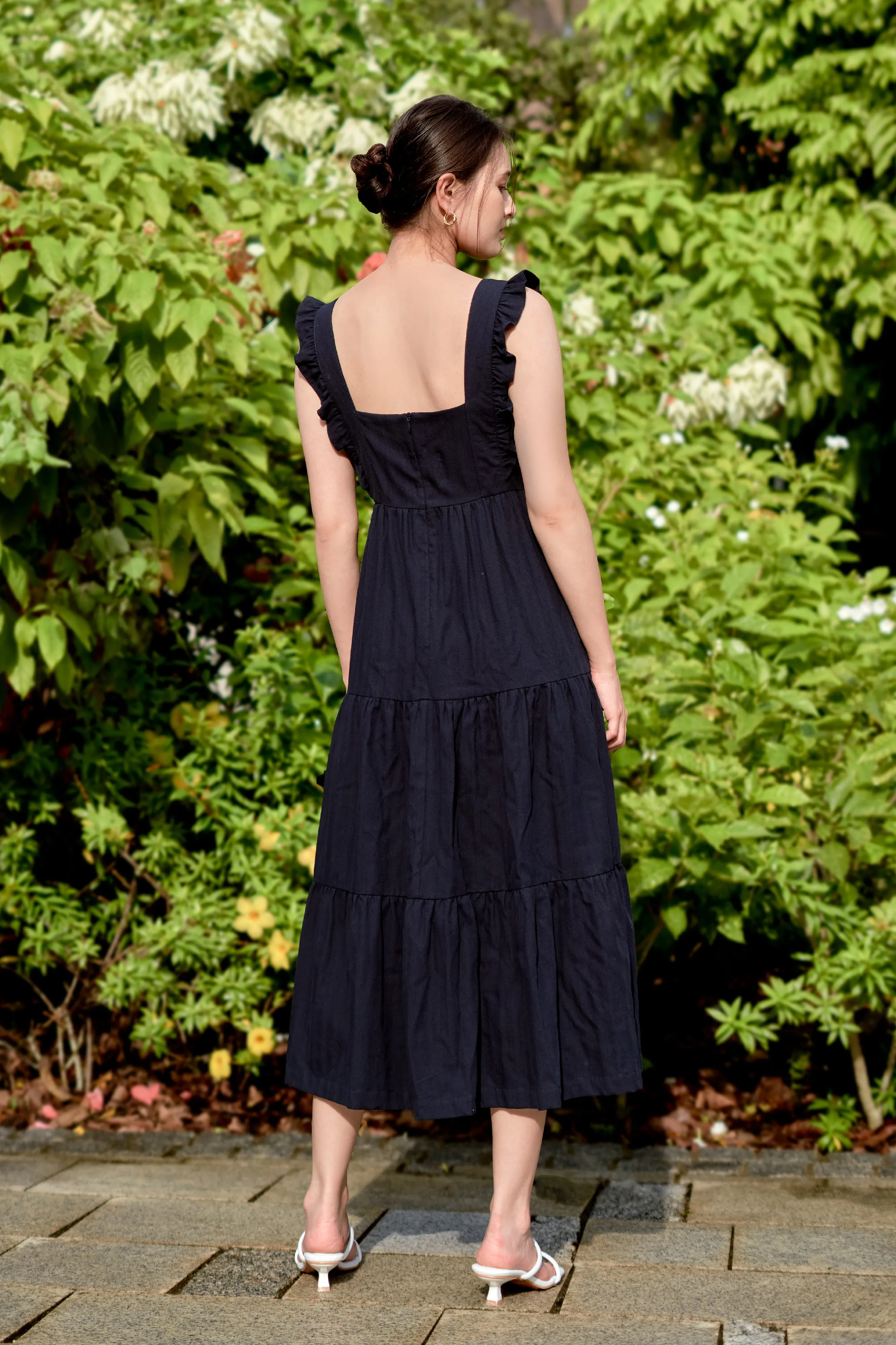 Gemma Tiered Midi Dress in Navy Blue