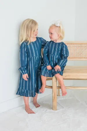 Navy Solid Color Lurex Long Sleeve Ruffle Detail Dress and Bloomers