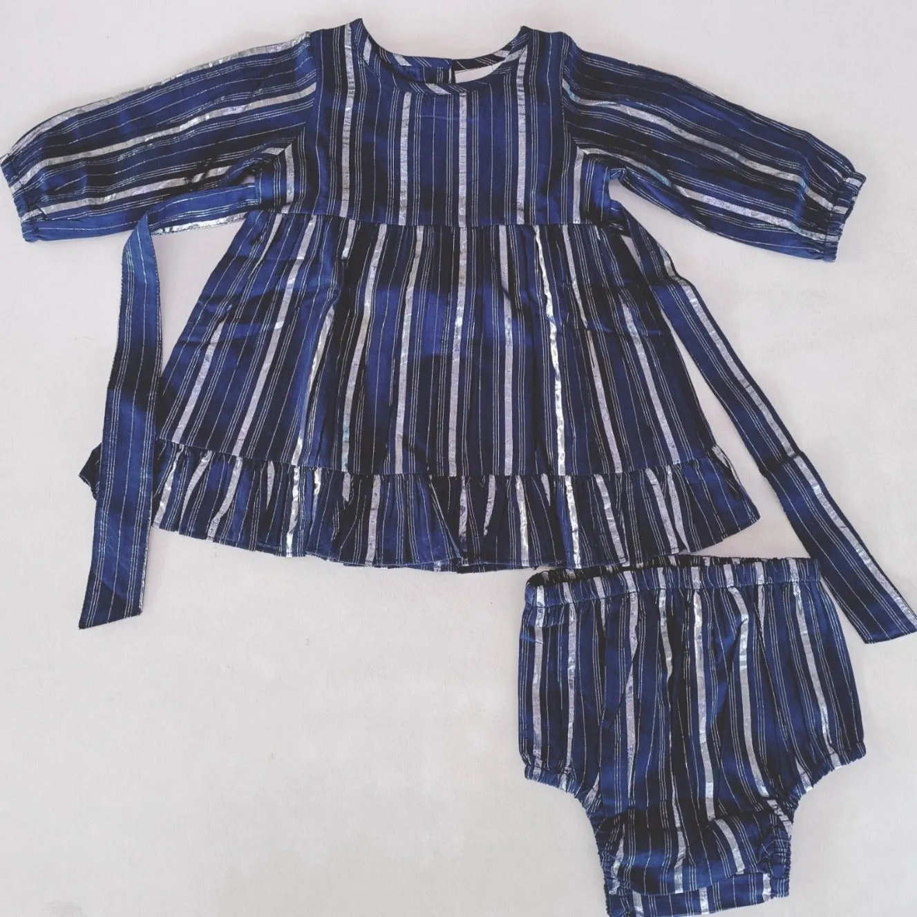 Navy Solid Color Lurex Long Sleeve Ruffle Detail Dress and Bloomers