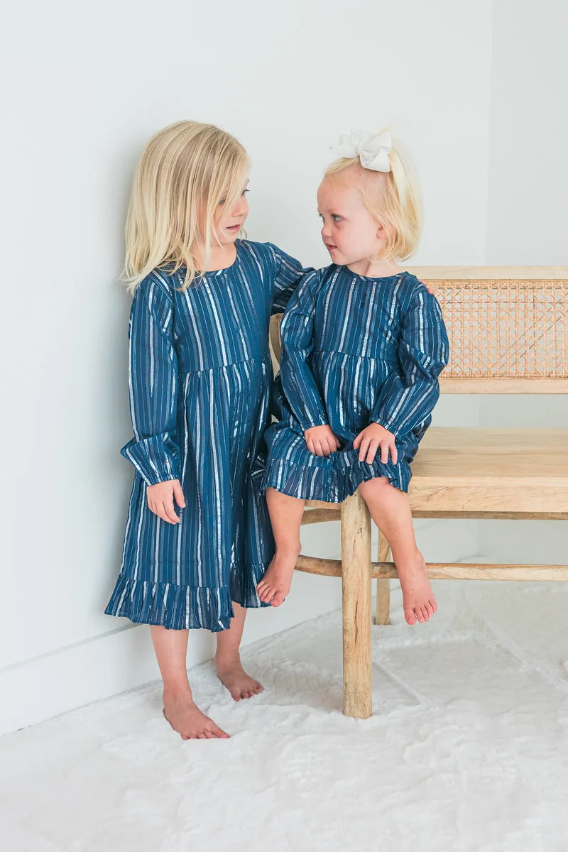 Navy Solid Color Lurex Long Sleeve Ruffle Detail Dress and Bloomers